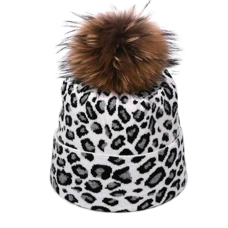 Leopard Printed Beanie Hats Scarf Set With Real Fox Pompon For Women Winter Warm Thick Knitted Caps Fashion Lady Beanies 2 Piece - Color: G