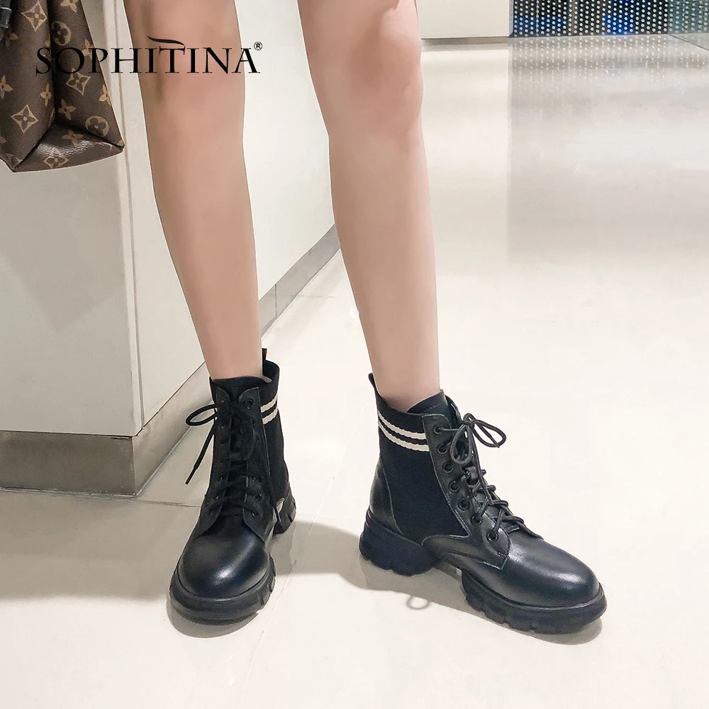 SOPHITINA/женские сапоги из натуральной кожи; зимняя обувь ручной работы на среднем каблуке со шнуровкой; классические женские сапоги на высоком каблуке с круглым носком; MO274