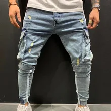 Джинсы в стиле хип-хоп, уличная одежда, мужские рваные потертые штаны, рваные облегающие байкерские джинсы стретч с дырками, мужские узкие джинсы, джинсовые штаны