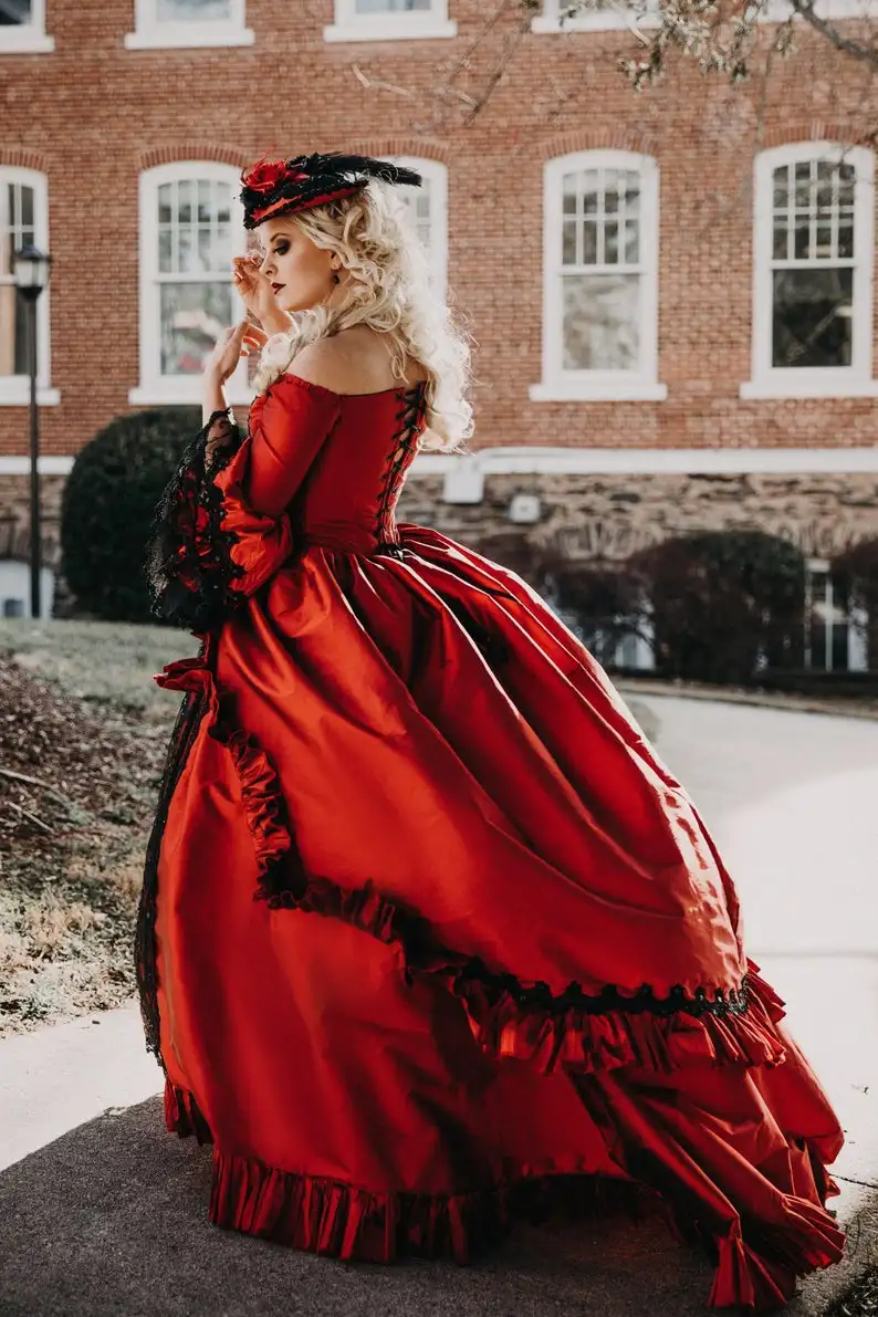 Красный, черный Marie Antoinette высококлассная викторианская готика Свадебный костюм платье ретро винтажный корсет на шнуровке Большие размеры Свадебные платья