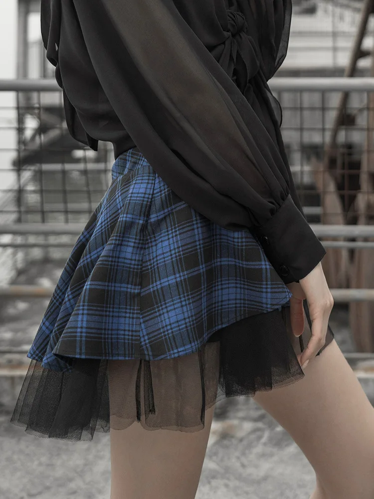 

Punk Rave Women Plaid Straps A Word Skirt Irregular Layered Mesh Stitching Summer Casual Short Skirt