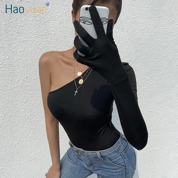 

HAOYUAN Black Sexy One Shoulder Bodysuit Long Sleeve with Gloves One Piece Outfits Body Mujer Elastic Bodycon Women Rompers Tops