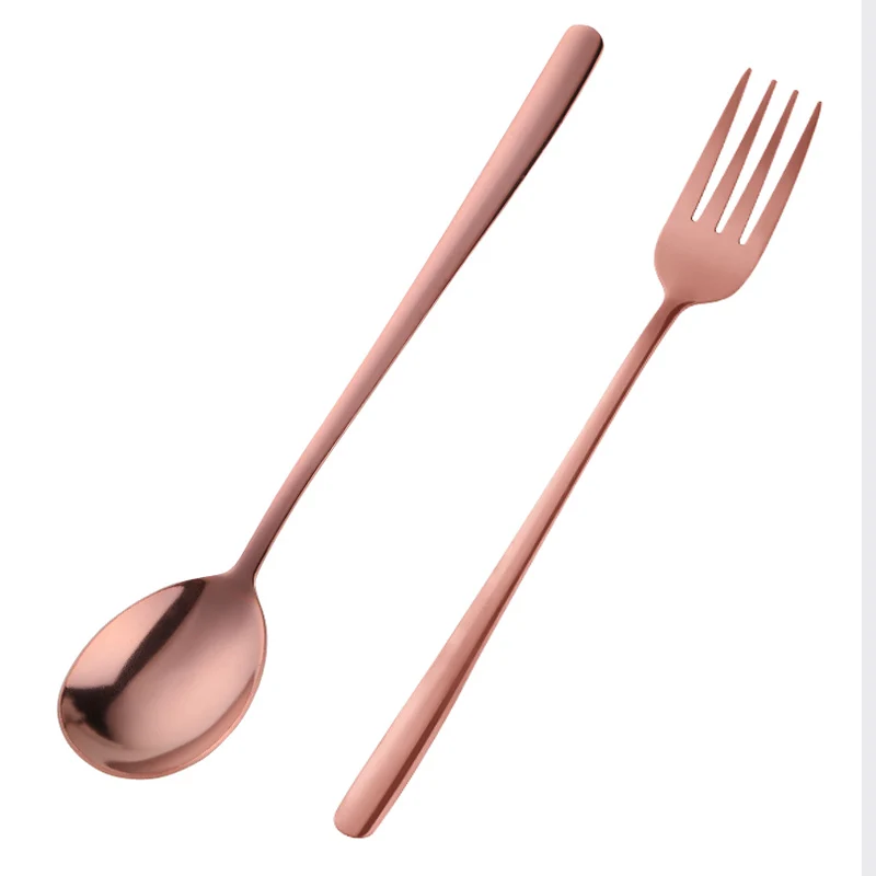 RoseGold-1set 2 шт. набор ложка и вилка из нержавеющей стали столовые приборы красочный десертный ужин посуда длинная ручка салат вилки суповые ложки домашняя столовая посуда - Color: RoseGold-1set
