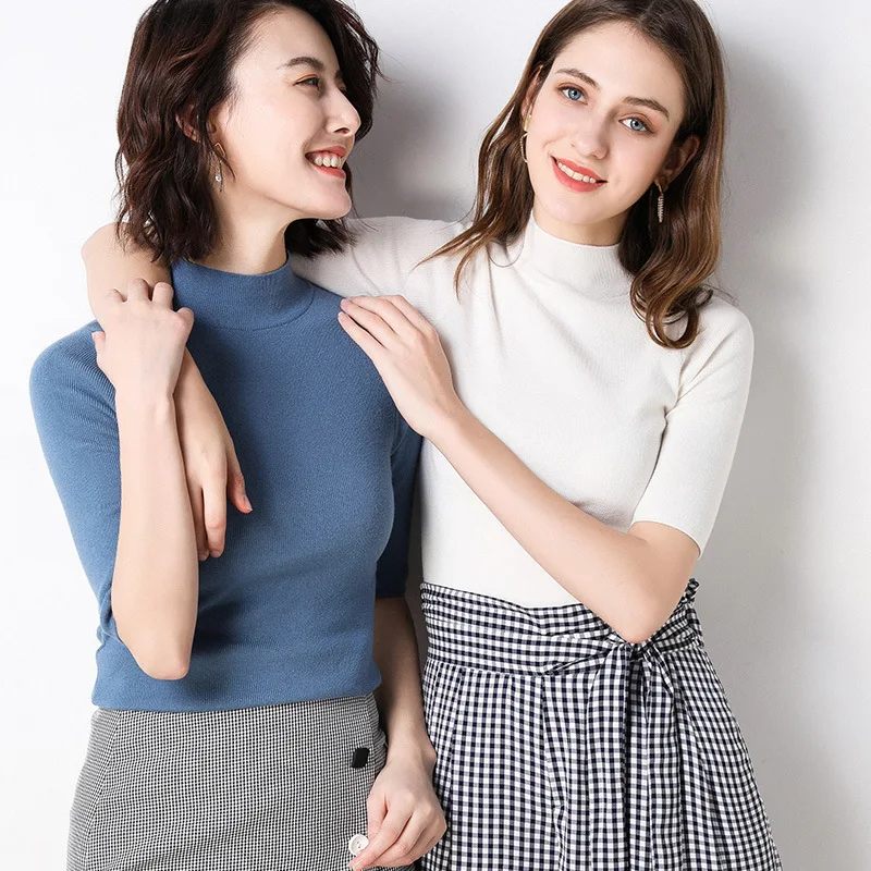 

S-XXL 2019 Plus Size Slim white Pullover Women Turtleneck Knitted Sweater Shirt Female black Basic Half Sleeve Tops 9 Colors