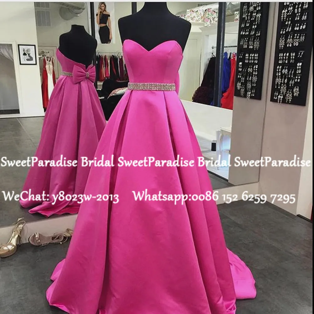 

Charming Long Prom Dresses With Beads Crystal Bow 2020 Fuchsia Satin A Line Formal Evening Dress For Women Vestido De Festa