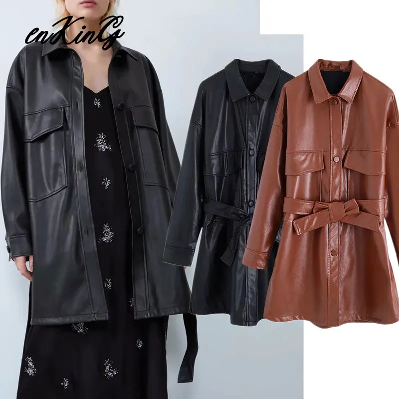 

2019 england vintage high street sashes single breasted leather za jacket women casaco feminino jaqueta feminina long jacket