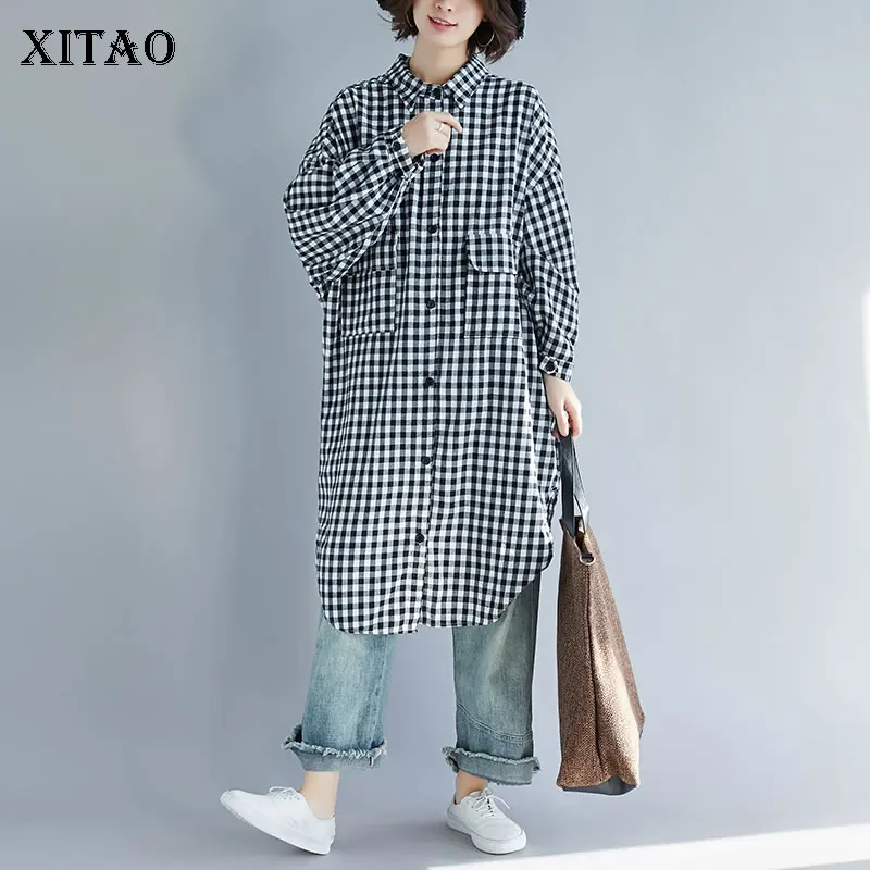 XITAO плюс размер клетчатая длинная блуза с карманом женская одежда Мода отложной воротник однобортный матч все топ GCC1225