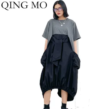 

QING MO Black Grey Green Women Patchwork Dress 2020 Women Summer Irregular Dress Female Streetwear Loose Dress ZQY3926