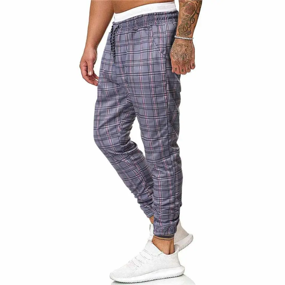 Men's Long Casual Sport Pants Slim Fit Plaid Trousers Running Joggers Sweatpants штаны streetwear pantalones hombre#2O10
