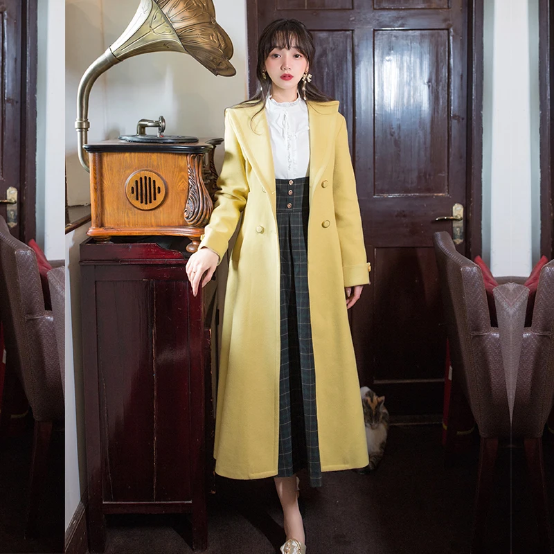 YOSIMI Winter Wool Coat Women Woolen Coat Turn-down Collar with Hooded Full Sleeve Long Coat Jacket Double Breasted Midi
