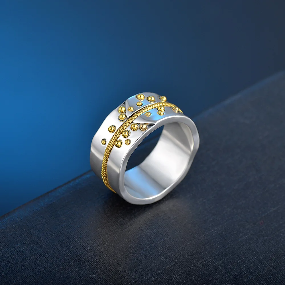 

Creative New Contrast Color Gold Steel Ball Wide Face Ring Female Retro Creative Stitching Index Finger Ring Prom Jewelry