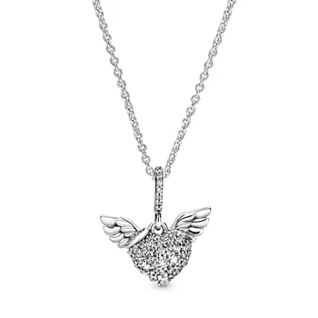 

2019 NEW 100% 925 Sterling Silver Pave Heart and Angel Wings Necklace Clear CZ Fit Girl Gift Original Jewelry Clavicle Chain