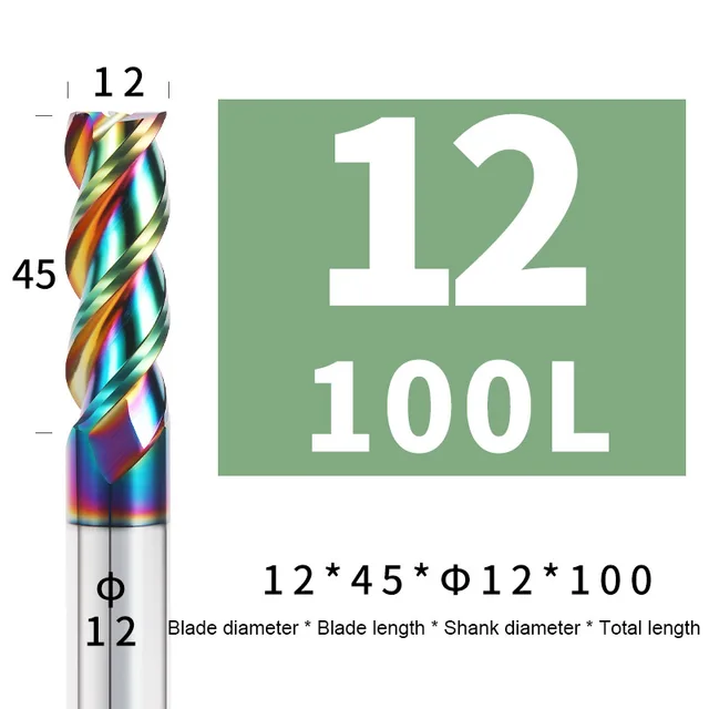 Colorful End Mill Aluminium HRC55 3F Milling Cutter Acrylic Wood Copper Plastic Cutting Tool CNC Maching Milling Tools Endmils 12X45XD12X100L