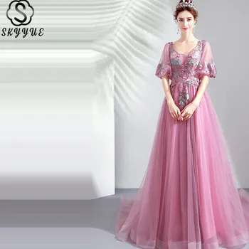 

Skyyue Prom Dress Short Sleeve Beading Solid V-Neck Prom Long Elegant Dresses Embroidery A-Line Vestidos De Gala E244