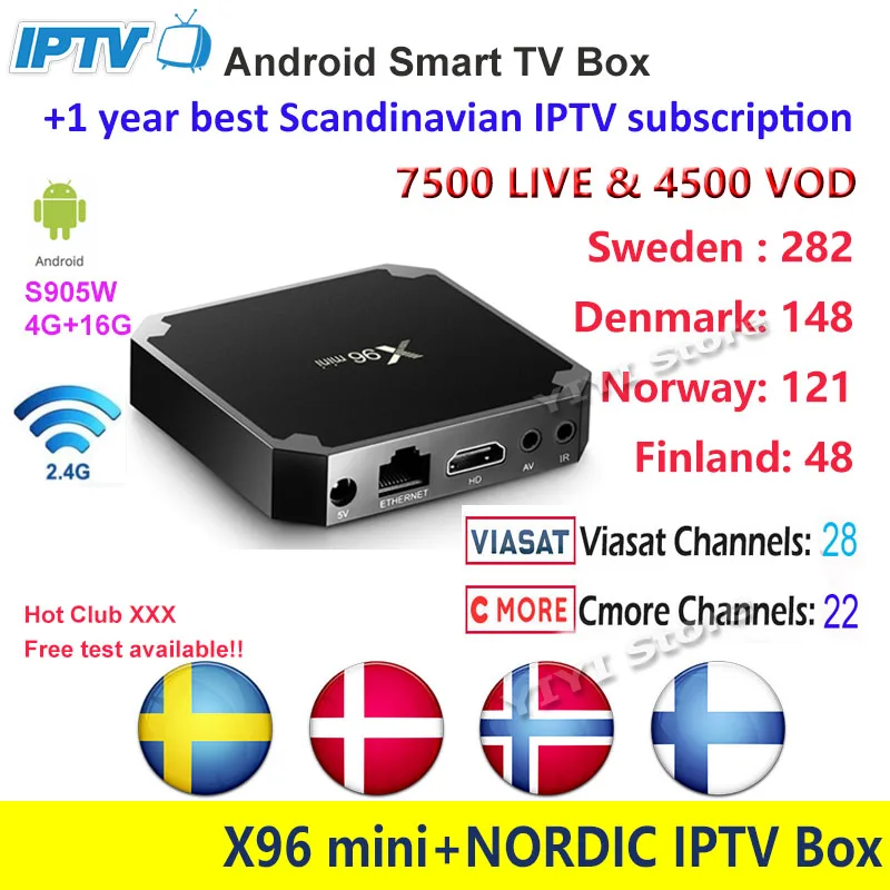 X96mini Смарт ТВ приставка с 1 год скандинавский IP tv подписка 7500 LIVE Швеция Норвегия Финляндия Дания Amlogic S905w android коробка