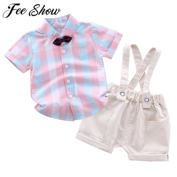 

NEW Style 2pcs Toddler Kids Baby Boy Gentleman Outfit Formal Clothes Pink Plaid Bow Tie T-shirt Top Suspender Shorts Cotton Set