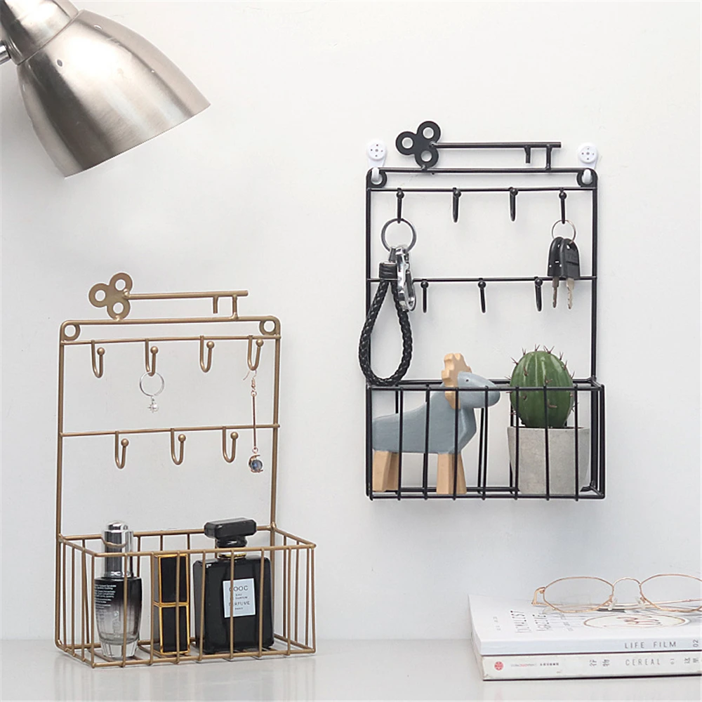 

Decorative Key Hanger Hooks Basket Box Creative Door Three-layer Key Jewelry Iron Storage Hook Decorative Wall Key Holder