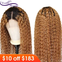 Dream Красота 13X6 Синтетические волосы на кружеве парик Джерри вьющиеся волосы, эффектом деграде(переход от темного к бразильские парики предварительно выщипанные волосы Remy пряди человеческих волос для Для женщин