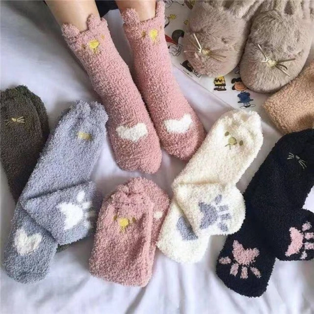 Calcetines térmicos de felpa para mujer, medias mullidas con bordado de  pata de gato, algodón grueso, dibujos animados para dormir - AliExpress