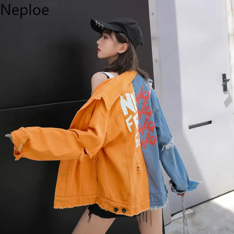 

Neploe Contrast Color Street Demin Coat Long Sleeve Hole Women Causal Cowboy 2019 Autumn Korean Back Letters Jeans Jacket 54310