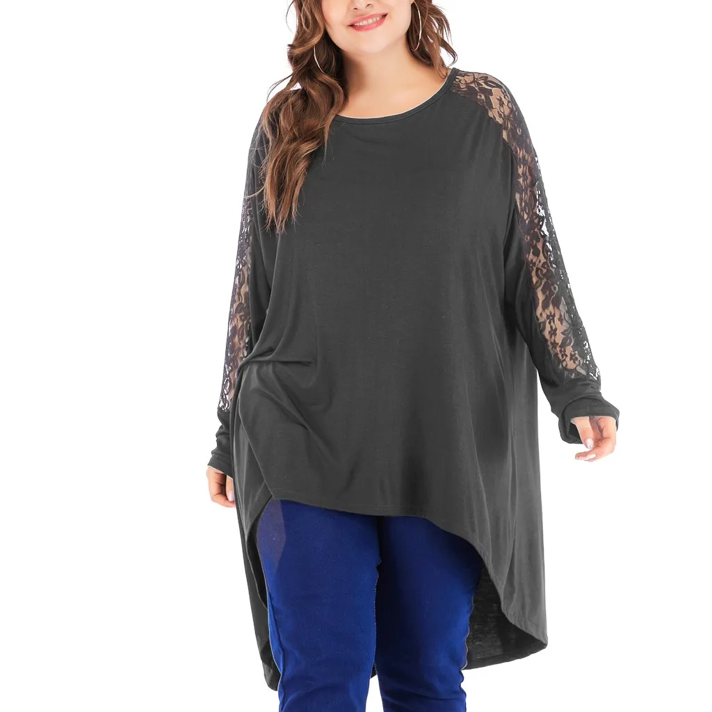 

YOUYEDIAN Womens Plus Size tunic long Blouse 2019 Fashion Lace Stitching High Waist Irregular Long Sleeve Top chemisier femme