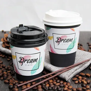 

50pcs Thick paper cup disposable coffee cup 500ml milk tea hot drinks packaging cups with lid and insulation cup set