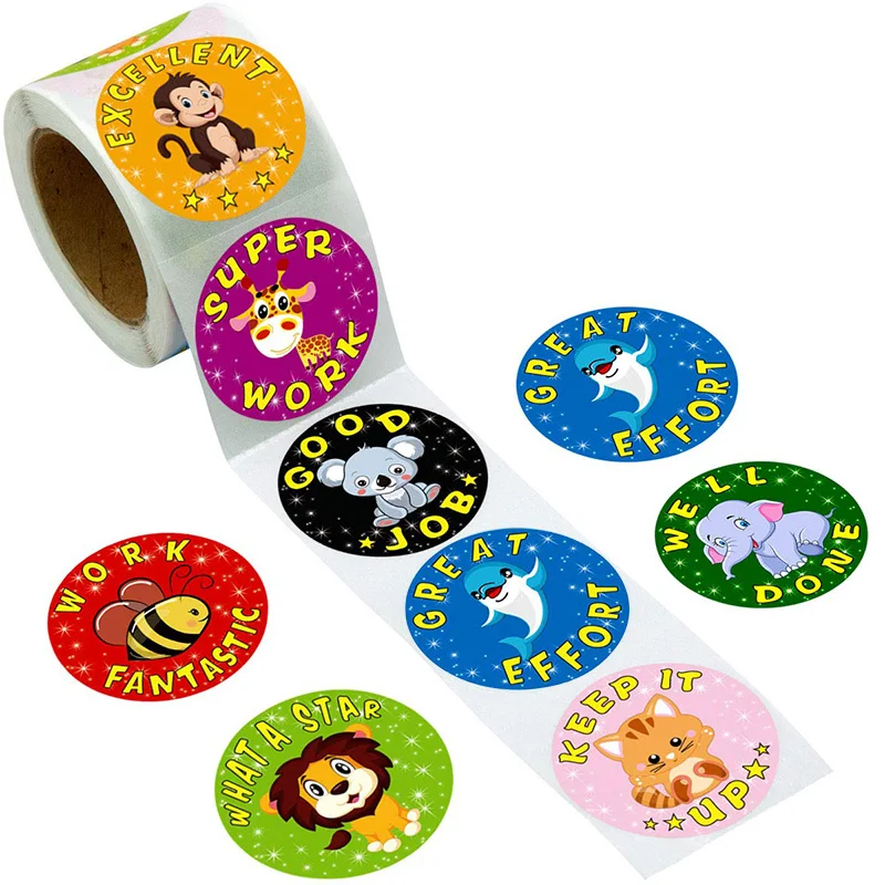 

8 Kinds of Cute Cartoon Aniamls Reward Stickers 1Inch School Teacher Student Encouragement Words for Kid Toy Sticker 500pcs/roll