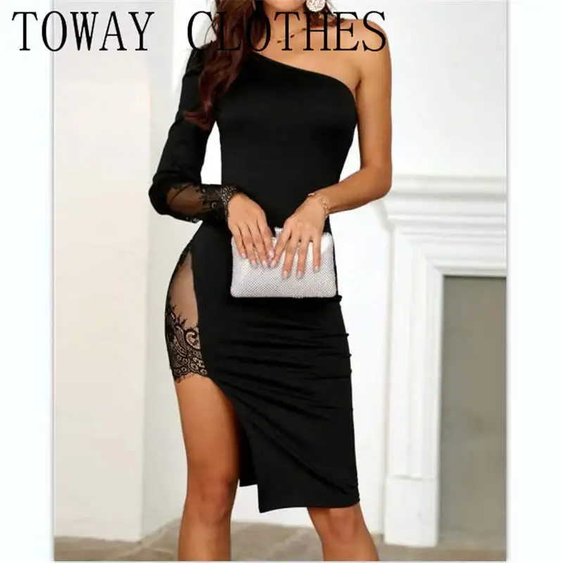 

Dress For Women 2022 Female Sexy One Shoulder Lace Insert High Slit Bodycon Long Sleeve Slash Neck Black Cocktail Party Dress