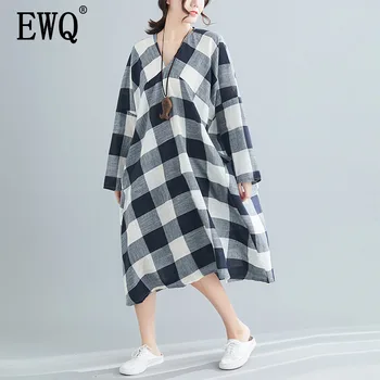 

[EWQ] 2020 Spring Summer New Pattern V-collar Long Sleeve Plaid Print Patchwork Pullovers Casual Dress Women AK91701