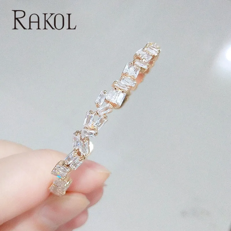 Gold Color 3 RAKOL модный AAA кубический цирконий мужской женский багет Браслет манжета медная основа с золотым цветом толстые ювелирные изделия RS1138 - Окраска металла: Gold Color 3