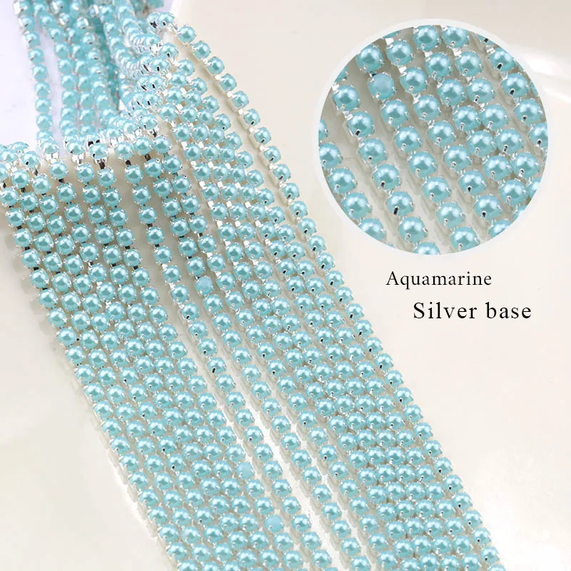2 ярда/10 ярдов ABS SS6/2 мм 9 цветов жемчужная медная цепь Золотая Роза основа чашка жемчужная цепь для шитья DIY аксессуары для одежды отделка - Цвет: aquamrine-Silver
