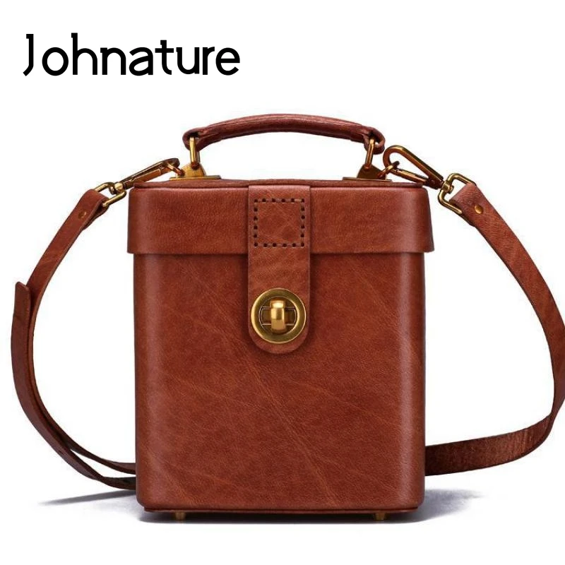 

Johnature Luxury Handbags Women Bags Designer 2020 New Retro First Layer Cow Leather Hard Bucket Bag Shoulder Messenger Bag