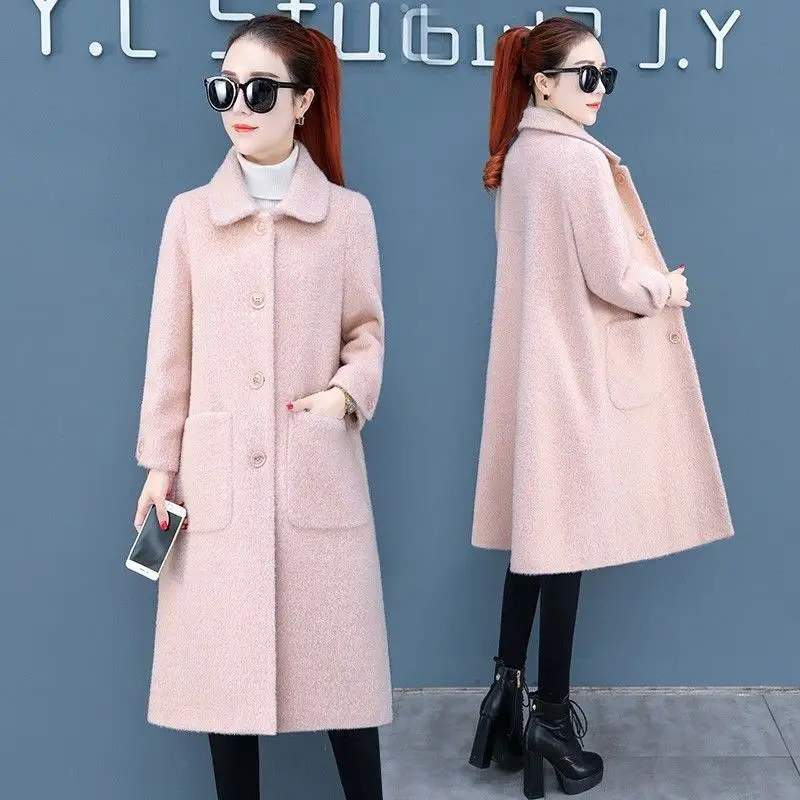 Женское осеннее пальто из искусственного меха повседневный стиль на пуговицах