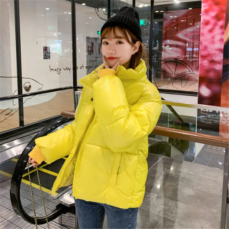 HSY9621Yellow Зимняя женская хлопковая Глянцевая стеганая куртка повседневное теплое пальто парка с длинными рукавами Корейская блестящая короткая верхняя одежда топы - Цвет: HSY9621Yellow