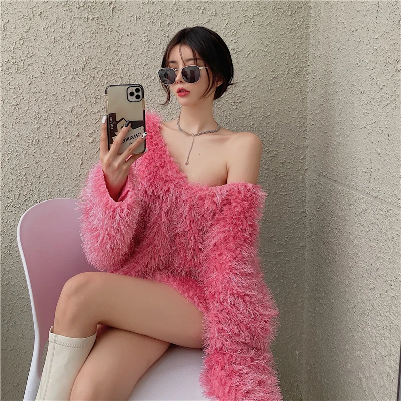 

Sweet Mink Fleece Lace Up Open Back Pullovers Womens V-neck Sexy Mid-length Jumpers Tops Woman Pink Knit Sweaters Femme