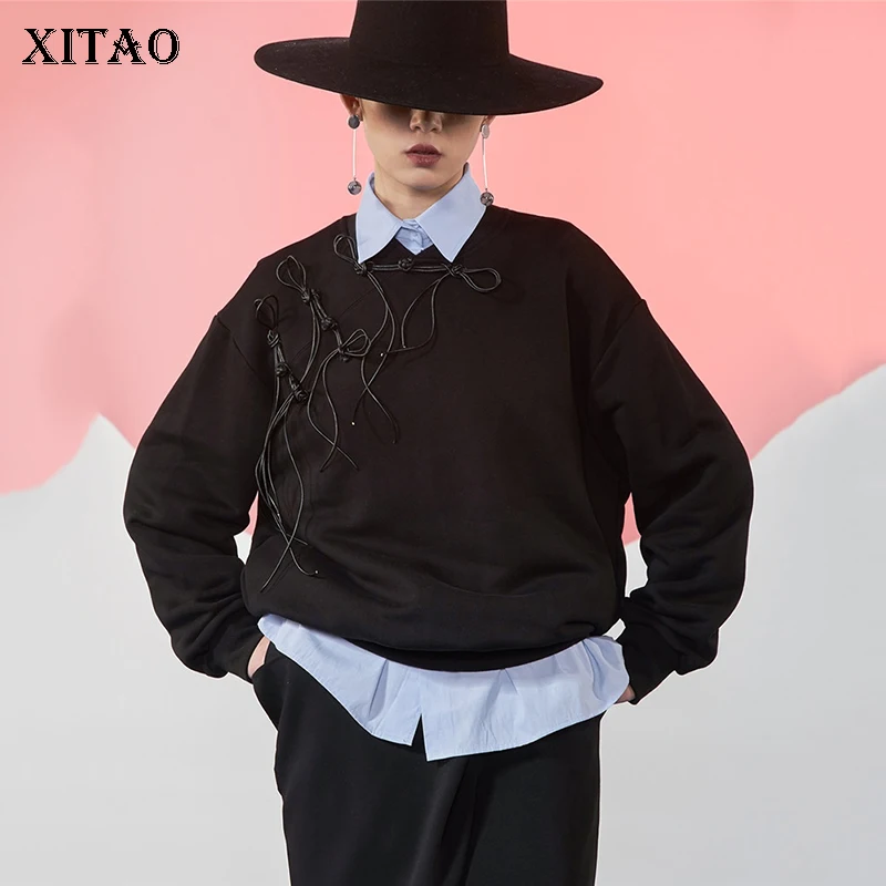 XITAO/винтажная Женская толстовка в китайском стиле размера плюс с вышивкой сзади, Черная Женская одежда с пряжкой DMY2159