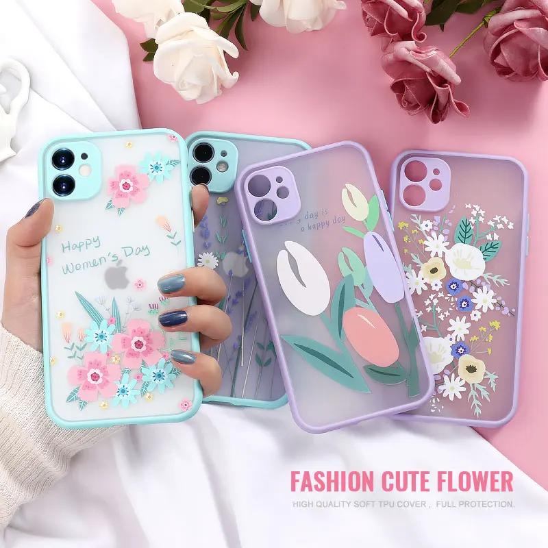 Floral Flower Case For iPhone 11 12 Pro Max 7 8 Cases Funda iPhone11 12 Mini X XR XS Max 6 Plus SE2020 Clear Matte PC Back Cover
