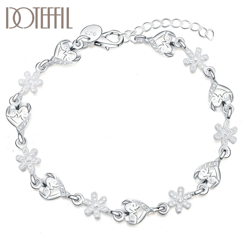 

DOTEFFIL 925 Sterling Silver AAA Zircon Full Heart Flower Bracelet For Women Wedding Engagement Party Fashion Jewelry