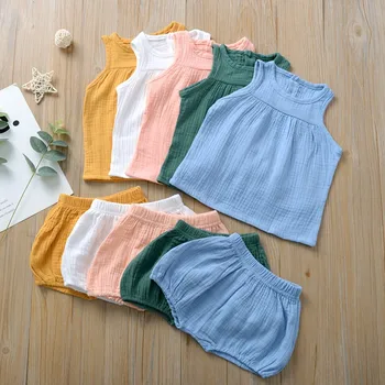 

2020 Summer Baby Girls Suits Cotton Linen Kids Outfits Children Clothing Set Newborn Boy Vest Tops +Shorts Toddler Girl Clothes