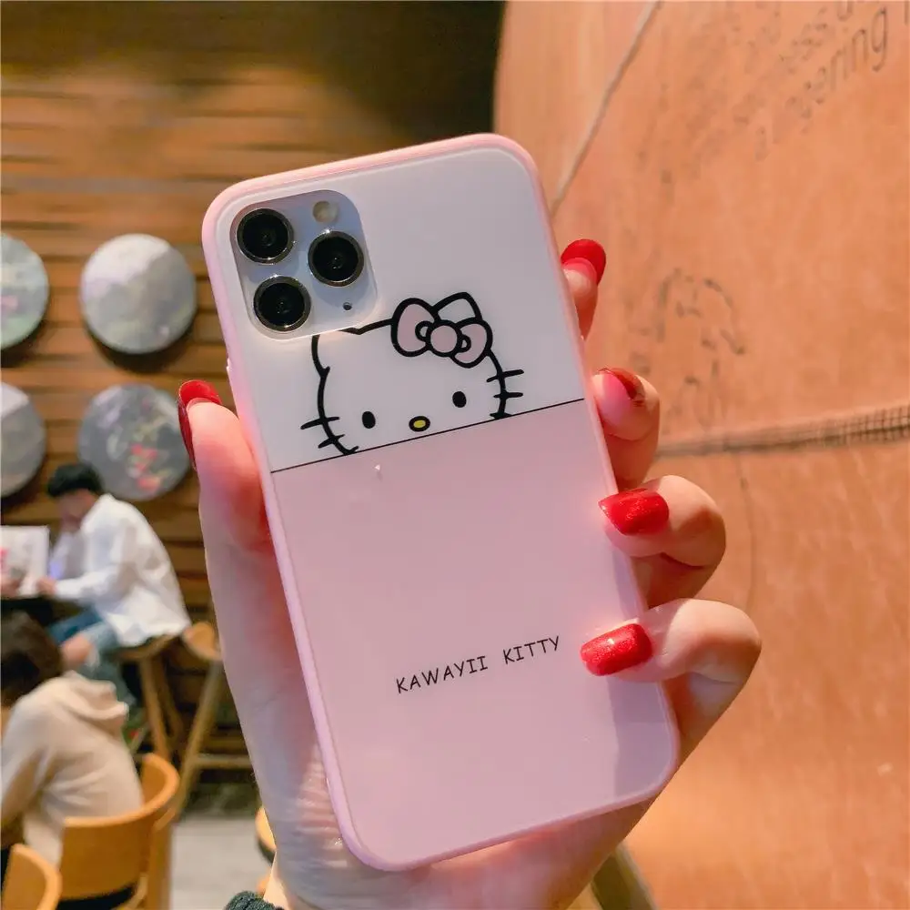 Закаленное стекло Hello kitty из двух частей чехол для телефона для iphone 11 Pro Max 6 6splus 7 8 plus X XR XS MAX аниме закаленное покрытие