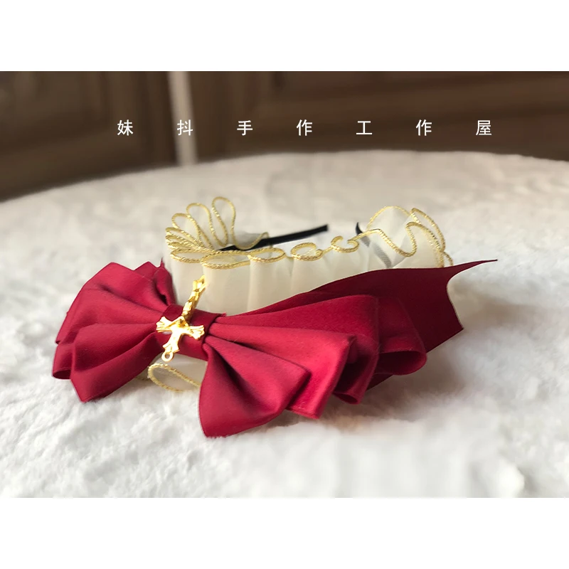 Сладкий головной убор ручной работы бант Hairband KC лента для волос великолепное оголовье Лолита крест дизайн милый цвет слоновой кости х винно-красный