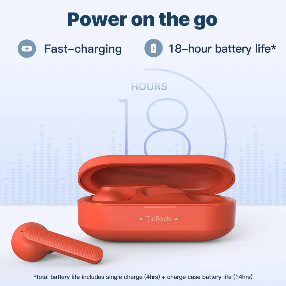 Бесплатные красные беспроводные наушники-вкладыши TicPods, Bluetooth наушники, 18hr аккумулятор, быстрая зарядка, IPX5, водонепроницаемый, эргономичный дизайн
