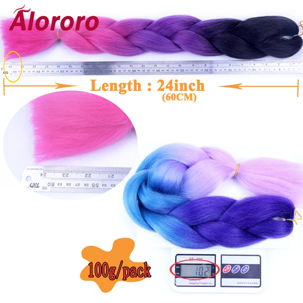 Alororo, 24 дюйма, 100 г, афро-фиолетовый цвет, Омбре, высокотемпературные волосы, коса, синтетические косички, вязанные крючком волосы, огромные косички для наращивания волос