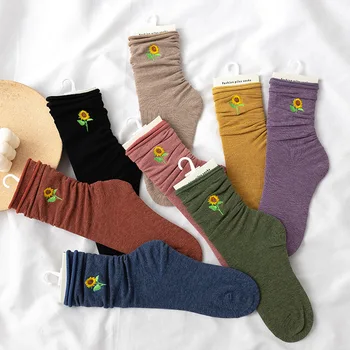 

8 Styles 2020 Autumn Winter Solid Color Sunflower Embroidery Japanese Style Warm Medium Thick Stockings Women Casual All-match
