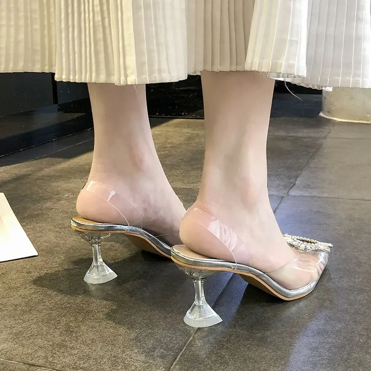 NAN JIU/обувь с прозрачными стразами; женская обувь на высоком каблуке; Летние босоножки с острым носком на каблуке из винного стекла; ремешок сзади