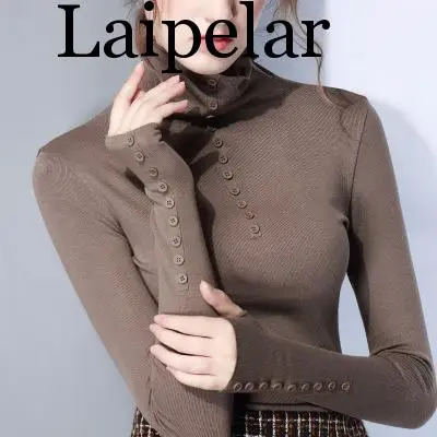 Laipelar, новинка, Женский Топ, марля, длинный рукав, водолазка, футболка, универсальная, черная, белая, зеленая, коричневая, футболка для женщин - Цвет: Brown