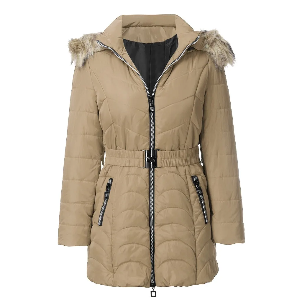 Abrigos mujer invierno зимнее пальто для женщин, однотонная верхняя одежда с карманами, куртки с хлопковой подкладкой на молнии, плюшевое пальто с поясом, manteau femme - Цвет: Хаки