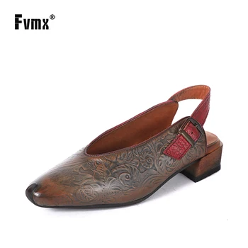 

FVMX 2020 New Retro Vintage Buckle Handmade Ethnic Pattern Heels Genuine Leather Women Casual Elegant Bohemian Wedge heel Pumps