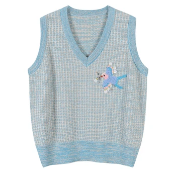 

V-Neck Cartoon Embroidery Knit Sweater Pullovers Women Autumn Sequins Beading Sleeveless Sweater Jumper Lurex Top Pull Femme