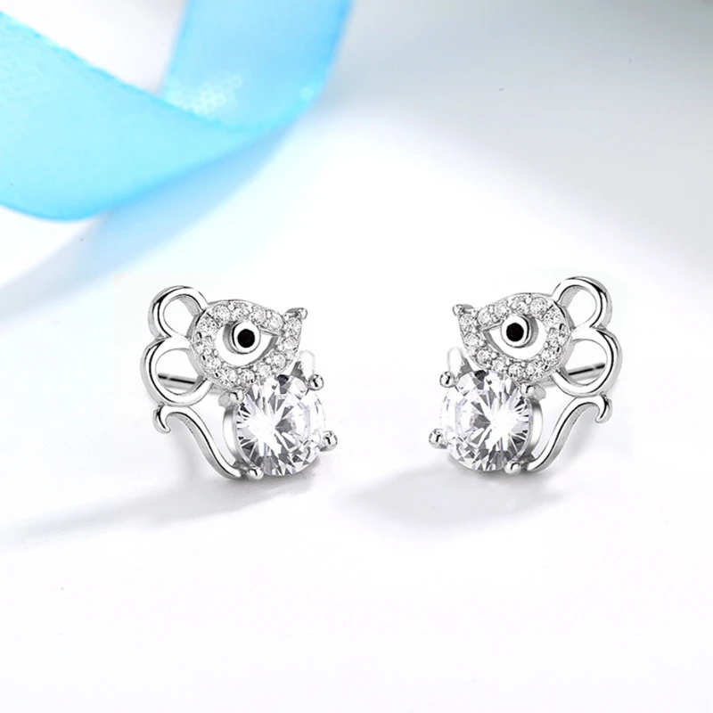 

2020 Cute Mouse Stud Earrings Women 925 Sterling Silver Jewelry Fashion Full Zircon Rose Gold Girl New Year Party Accessories